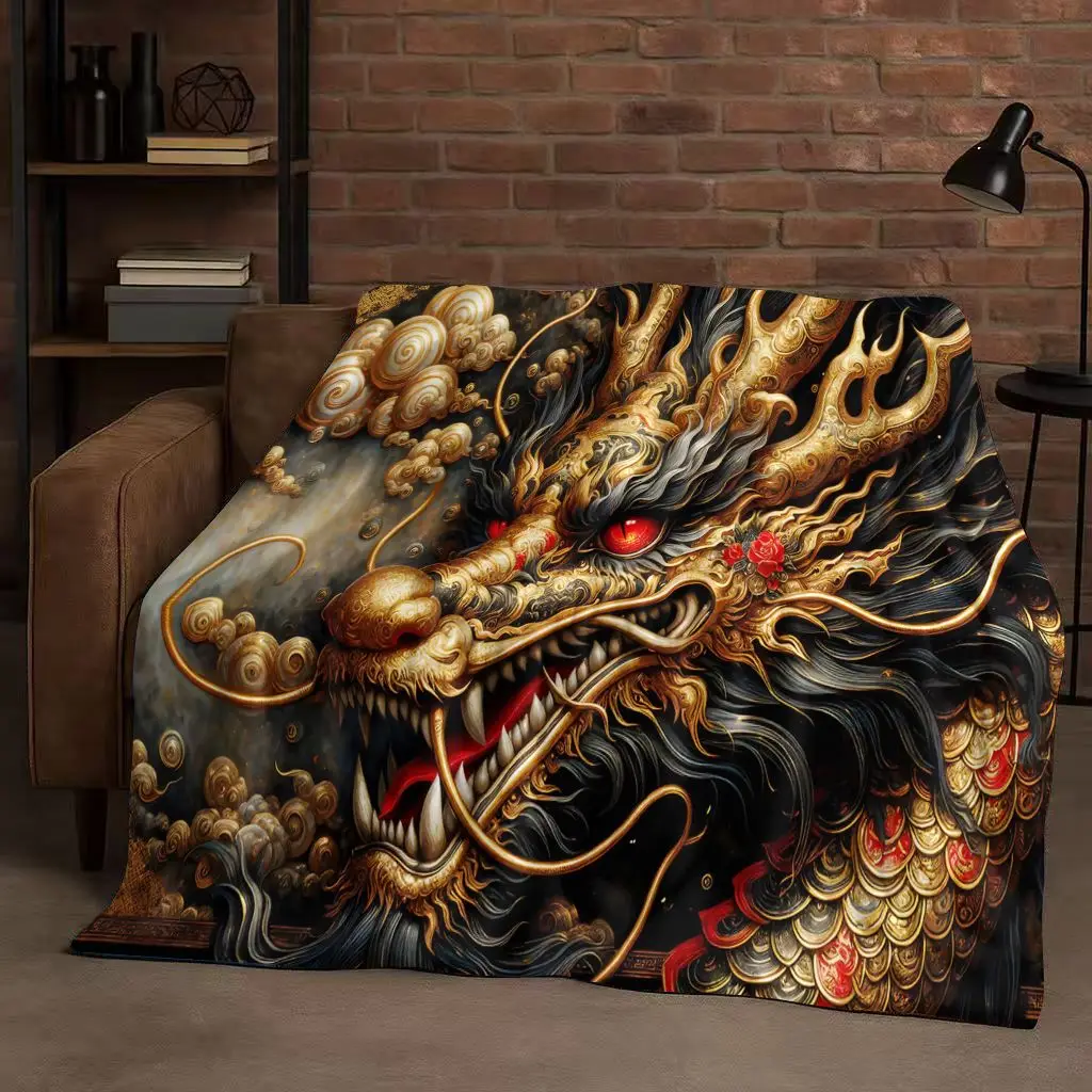 3D Yin Yang Element Dragon Chinese Loong Cartoon Flannel Blanket,Ultra Soft Warm Plush Throw for Home Bedroom Bed Sofa Cover Kid