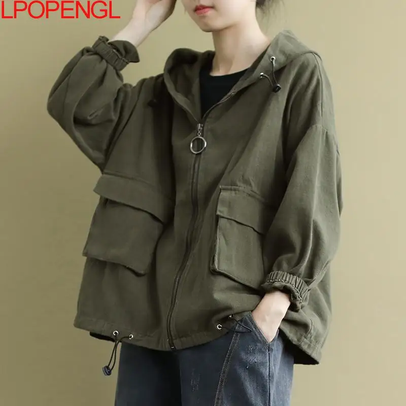 Autumn Women\'s Jackets New Loose And Artistic All-match Casual Outerwear Hooded Army Green Oversized Long Sleeves O-neck Coat