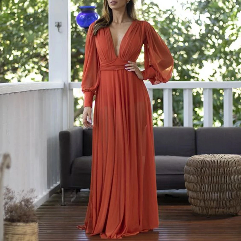Angelsbridep Chiffon Deep V-Neck Long Sleeves A-Line Bridesmaid Dresses Maid Of Honor Dresses For Weddings Gowns