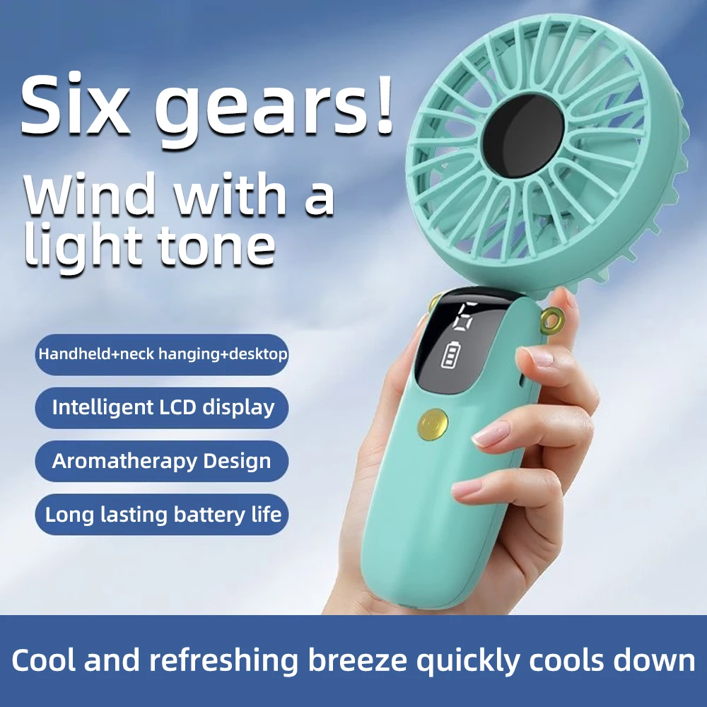Mini ventilador de mano USB, ventiladores portátiles plegables para colgar en el cuello, ventilador recargable por USB de 5 velocidades con soporte para teléfono y pantalla de visualización