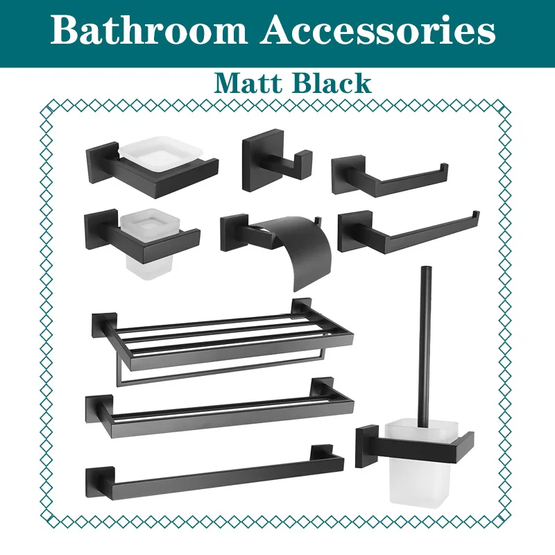 Black Square Toilet Brush Holder Paper Holder Bathroom Shelf Rack Double Towel Bar Robe Hook Cup Holder SUS304