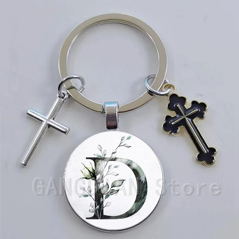 A-Z plant letters, enamel cross charm keychain, Jesus religion keychain pendant, handbag accessories, DIY keychain jewelry gifts