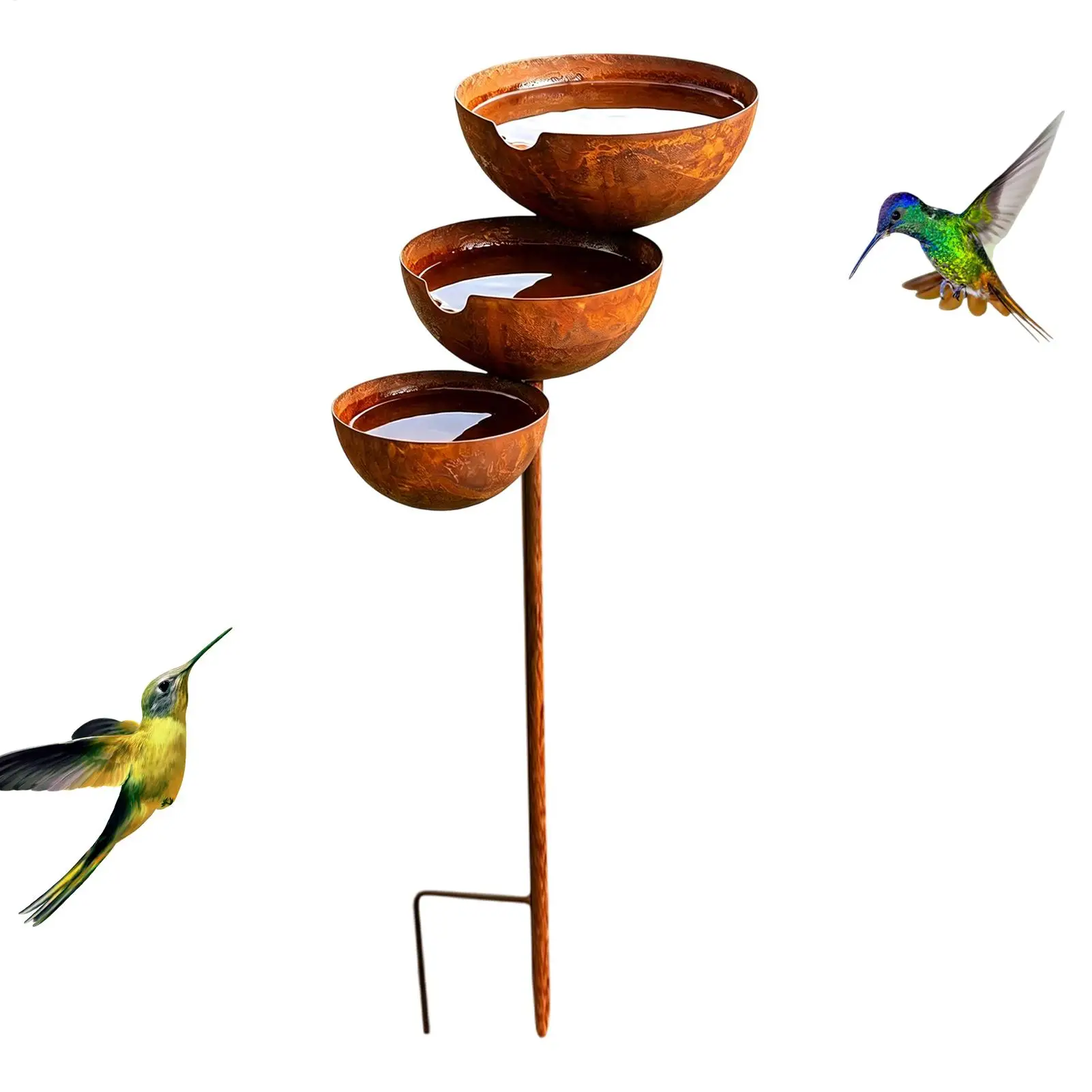 3-stufiges Vogelbad aus Metall, Rostiger Vintage-Eisen-Garten-Regenfänger, Gartenstecker, Dekorativer Vogelwasserspender, Hofdekoration