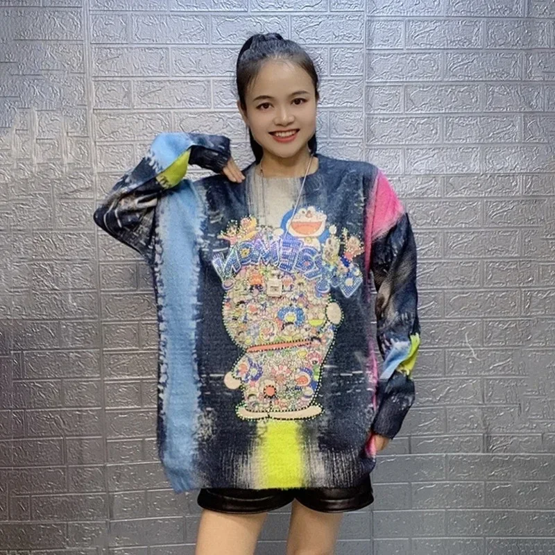 Colorful Graffiti Vintage Sweater Women Pullovers Autumn Winter Clothes Loose Casual O Neck Cartoon Printed Diamonds Ladys Tops