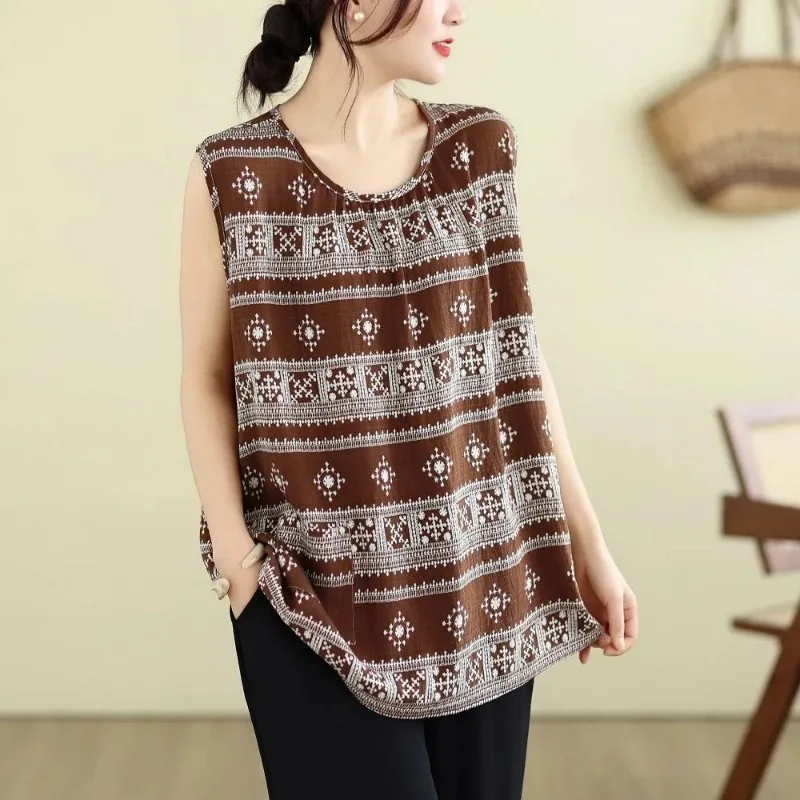 Bohemian Ethnic Print Linen Cotton  Top Women Plus Size Loose Sleeveless Summer Blouse view 3