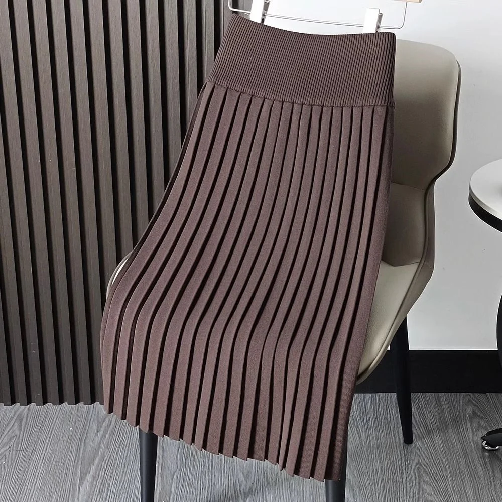 2025 Autumn Winter Oversize Knitted Pleated Skirt Wool Casual High Waist Slim Medium Length A-line Female Long Knitting Skirt