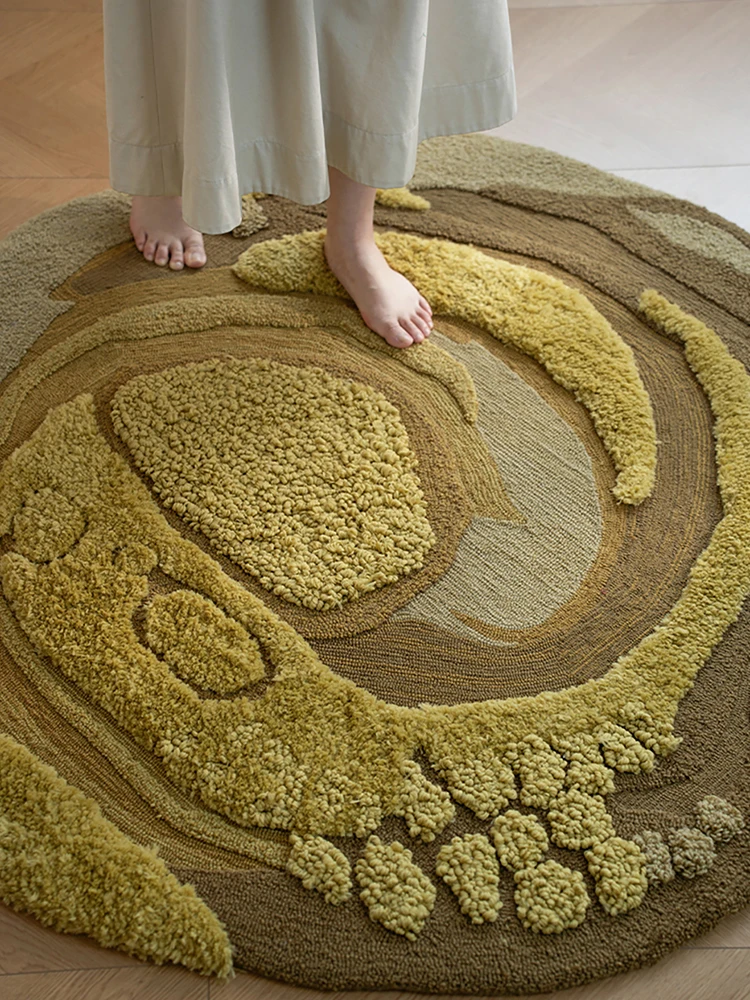Handmade Round Carpet Living Room Luxury Wool Yellow 3D Pattern Area Rug Irregular Thick Bedroom Carpet Bedside Floor Mat