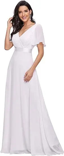 

Women's Short Sleeve Chiffon V-Neck Mother of the Bride Dresses White Floor Length Elegant Dress Summer Wedding Guest for Women