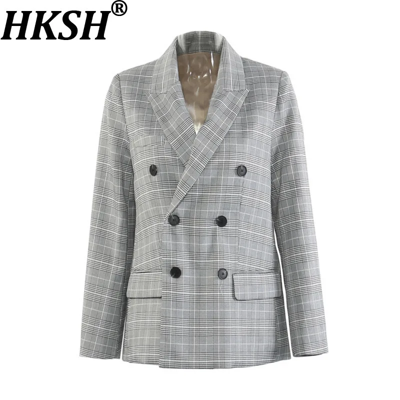 

HKSH весенне-осенний новый женский пиджак с зубчатым воротником, двубортный плиссированный элегантный модный пиджак в клетку, офисное женское пальто HK13267