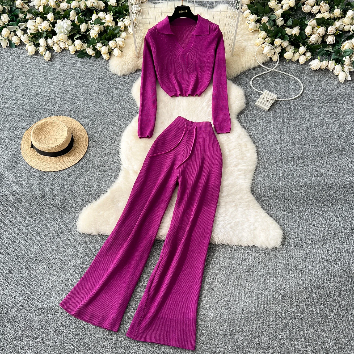 Elegant Long Sleeves Vintage Turn-down Collar Knit Top Chic High Waist Wide Leg Pants High Street Autumn Winter Two-piece Sets