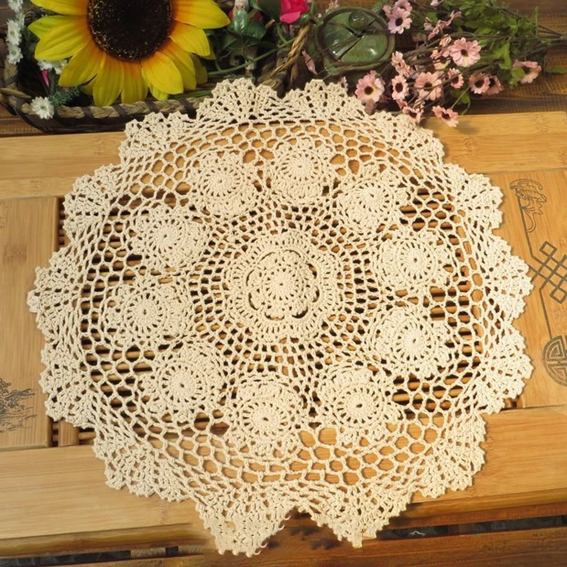 Accessory Decoration Stylish Table Mat Beige Crochet Hollow Home Kitchen Living room Placemat Retro Round Cotton