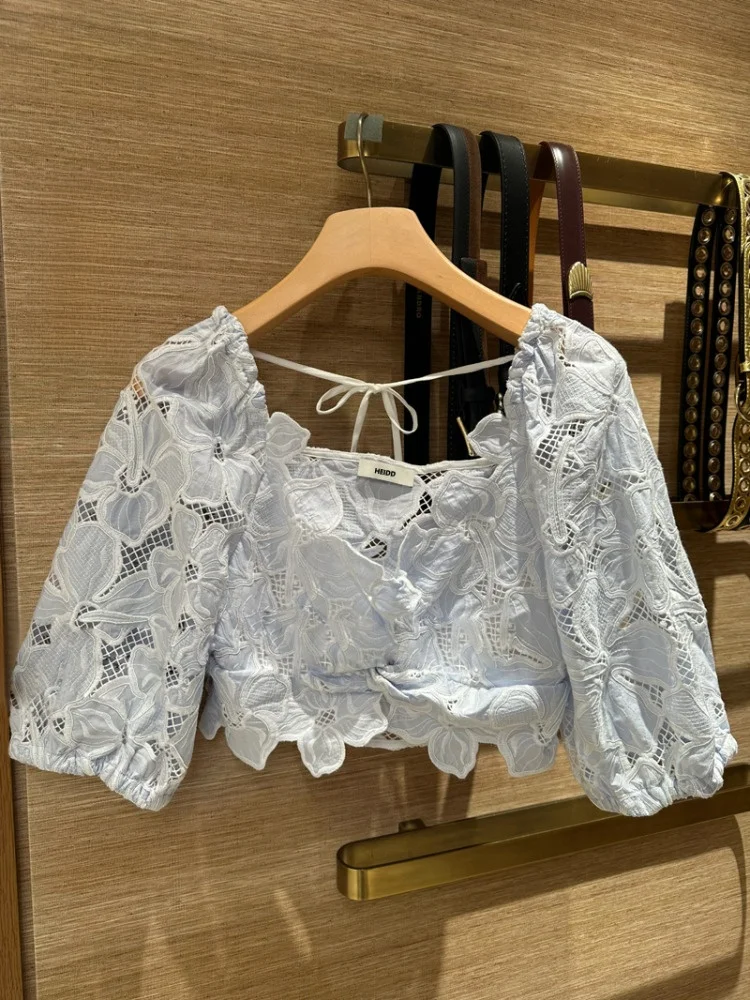 

Short Lace Bubble Sleeve Shirt Hollow out Design Holiday Style Women's Slim Fit Polyester Cotton Blend Summer 2025 Shirt
