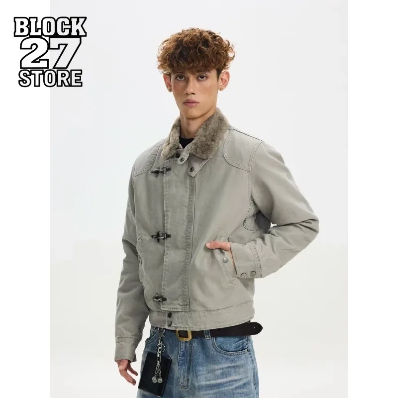 

Mens Jacket Harajuku Vintage High Street Stand Collar Airplane Buckle Short Autumn Winter Cotton Coat Unisex Warm Casual Fashion