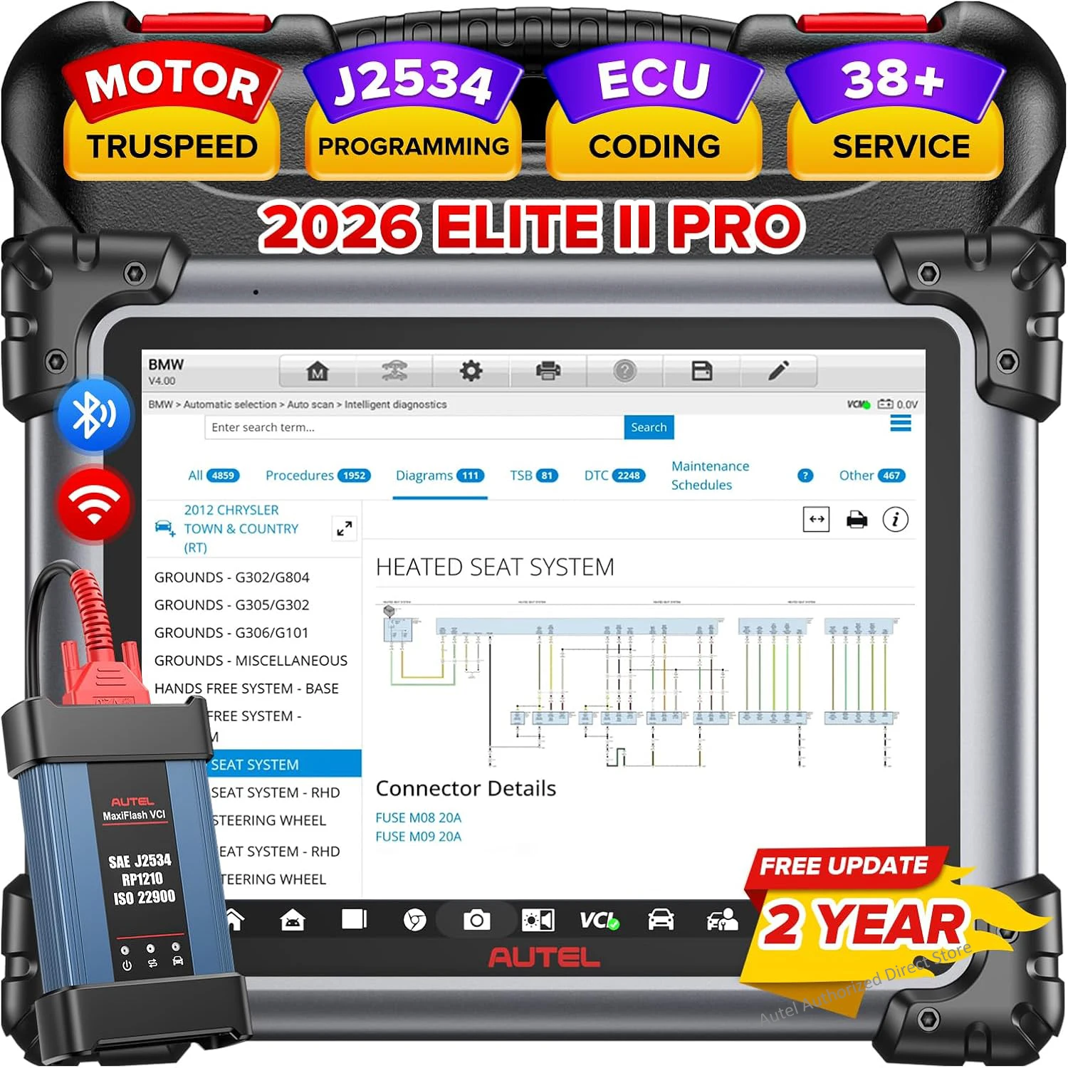 Autel Scanner MaxiSYS Elite II Pro Diagnostic Tools J2534 ECU Programming Coding, Automotive Scanner Motor TruSpeed, 2 Years Update