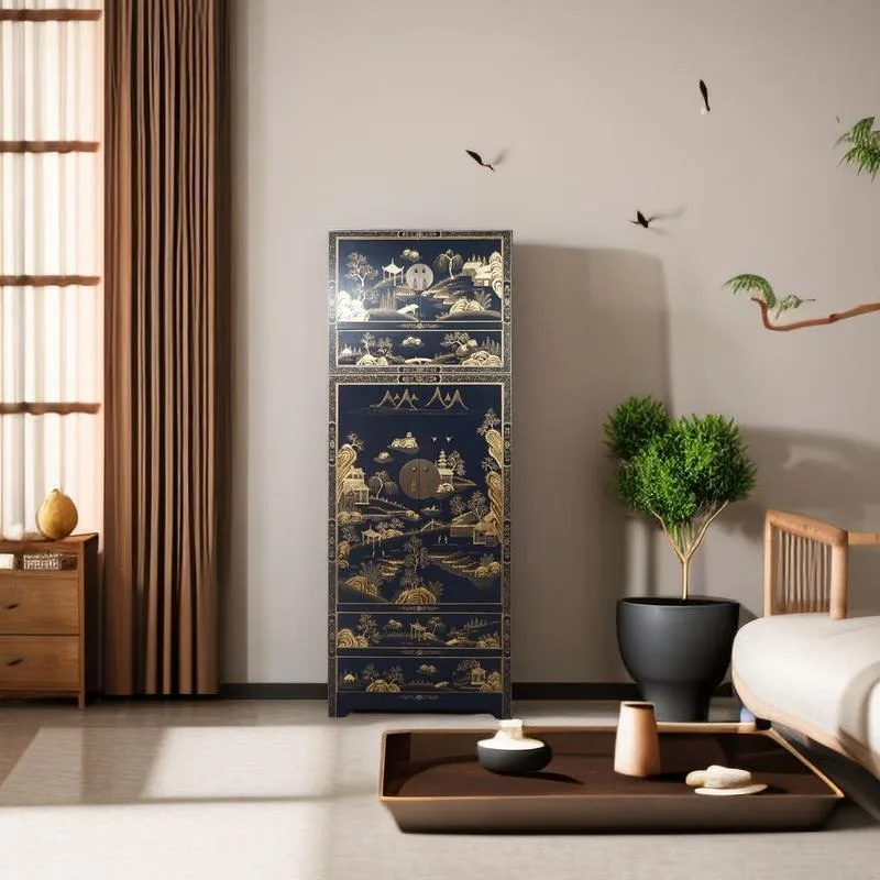 New Chinese-style solid wood wardrobe, top cabinet villa club hotel bedroom Chinese style gold-painted simple overall large