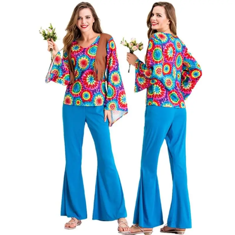 Nouveau rétro années 70 Disco Hippie danse Par loween Costume pour hommes femmes Couples taille fendu Vintage Sle ethnique scène porter