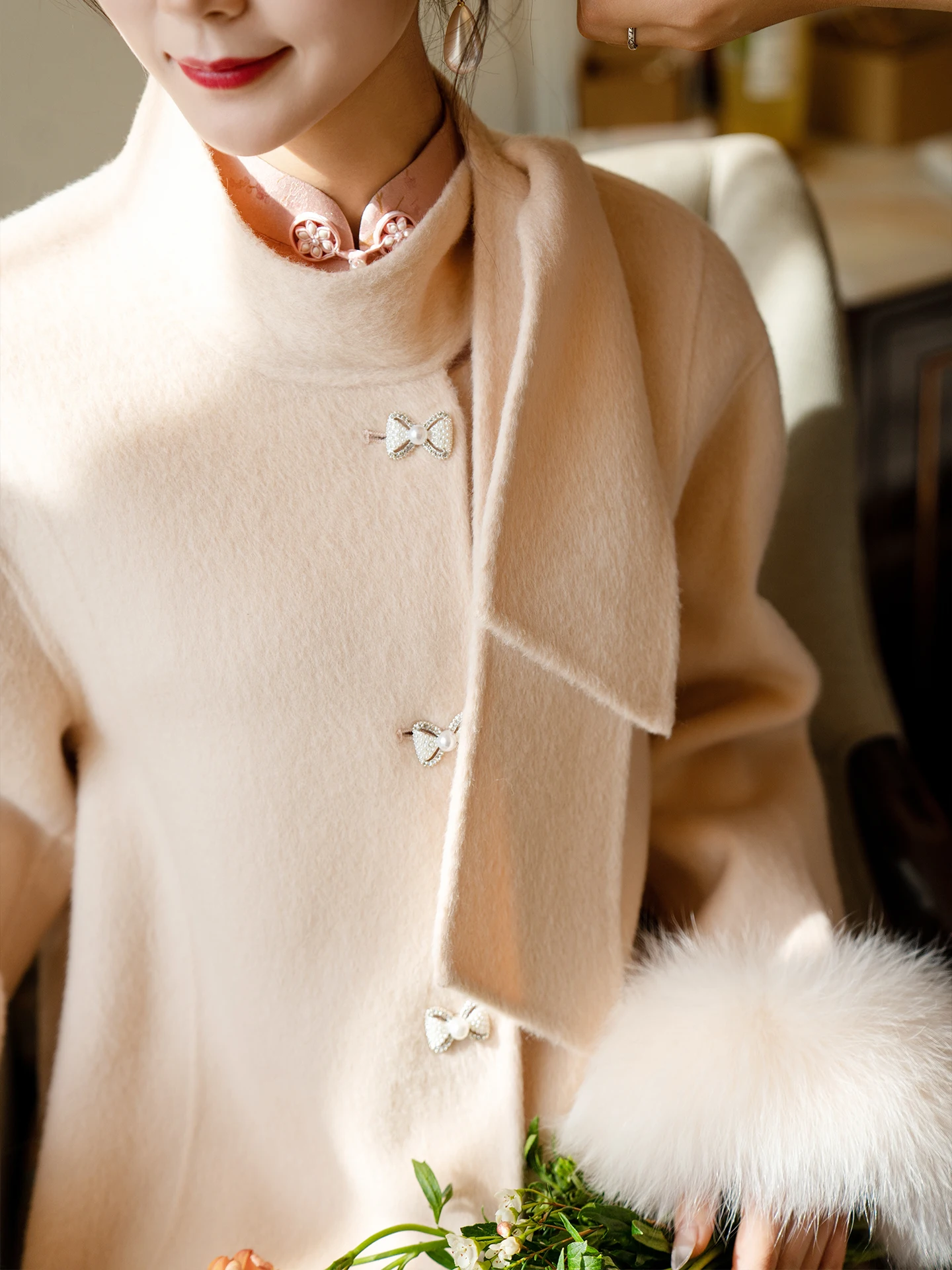 

Pink Woolen Double-sided Thiened Wedding Coat Medium-length Women's Tweed Outerwear Chinese Sle Straight-cut Mid-waist