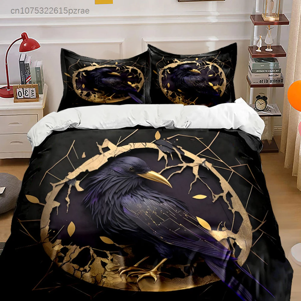 Black Raven With Gold Accents Gothic 3PCS Bedding Set Soft Microfiber Bed Sheet Pillowcase Set For Dark Aesthetic Bedroom Decor