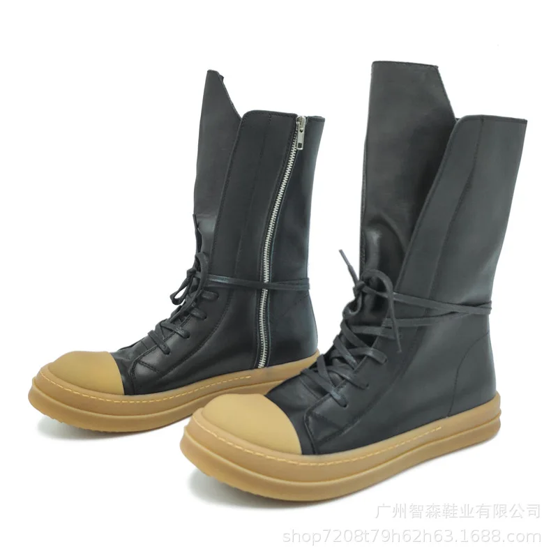 

High Quality Men Casual Shoes Women Mid Calf Boots Genuine Leather Lacu Up Motorcycle Boots Round Toe Flat Heel Vintage Sneakers