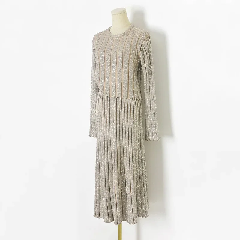 Gestricktes Zweiteiler-Set für Damen, Rundhals-Langarm-Pullover mit Pailletten, Hochtaillierter Rock, Elegante Klassische Kleidung, Modischer Trainingsanzug