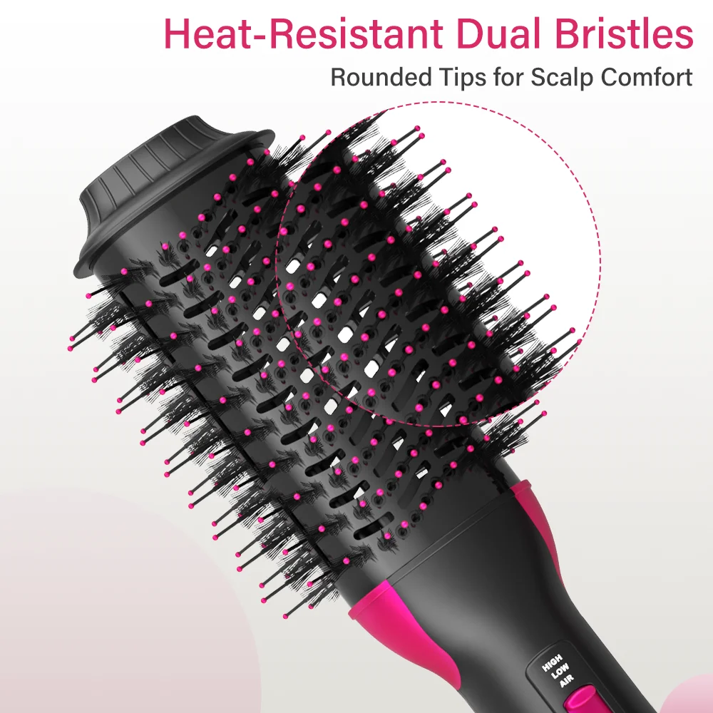 Professional Hot Air Styler Brush with Dual Bristles, Hair Dryer Comb for Volume, Curl and Straightening with 360° Airflow Desig