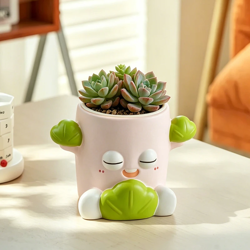 Charming Cartoon Character Resin Flower Pot Planter for Succulents Small Plants Home Office Balcony Windowsill Decoration