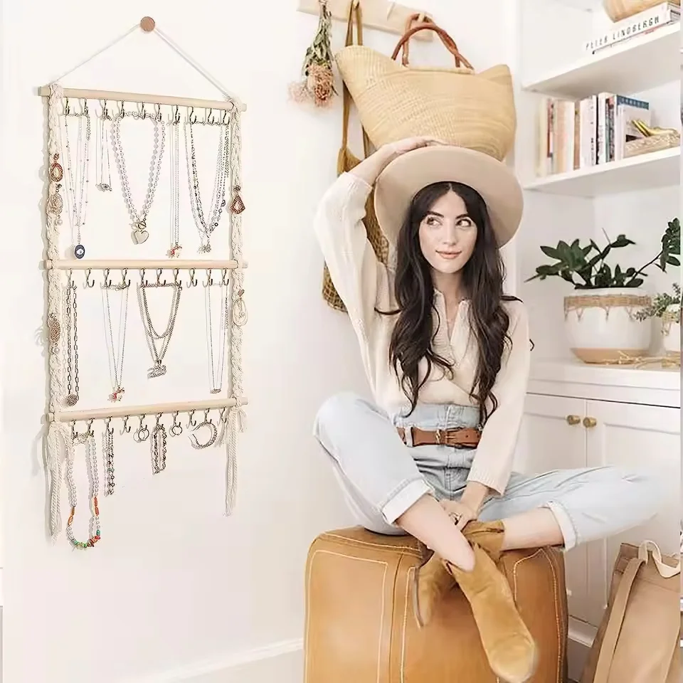Hanging Jewelry Organizer Boho Macrame Necklace Hanger Wall Hanging with 30 Hooks Door Hanging Jewelry Holder Necklaces Display