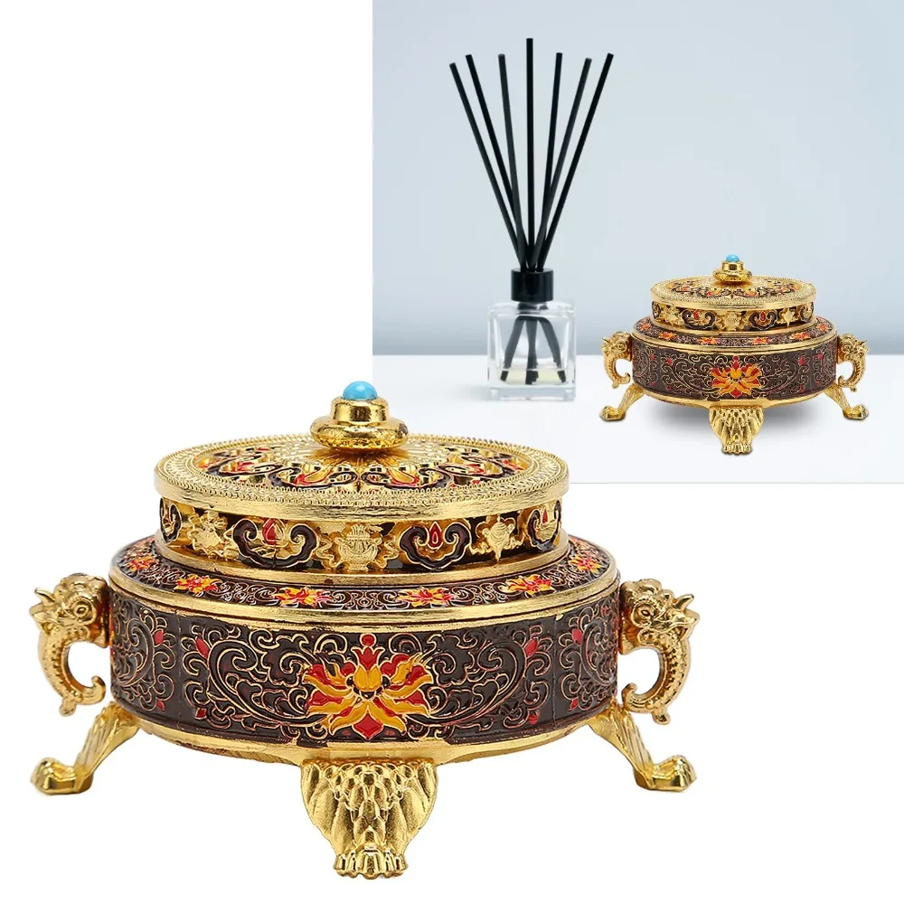 3pcs Alloy Incense Burner With Lid Antique Polished Colored Enamel Incense Holder Painted Finish Brass Incense Burner