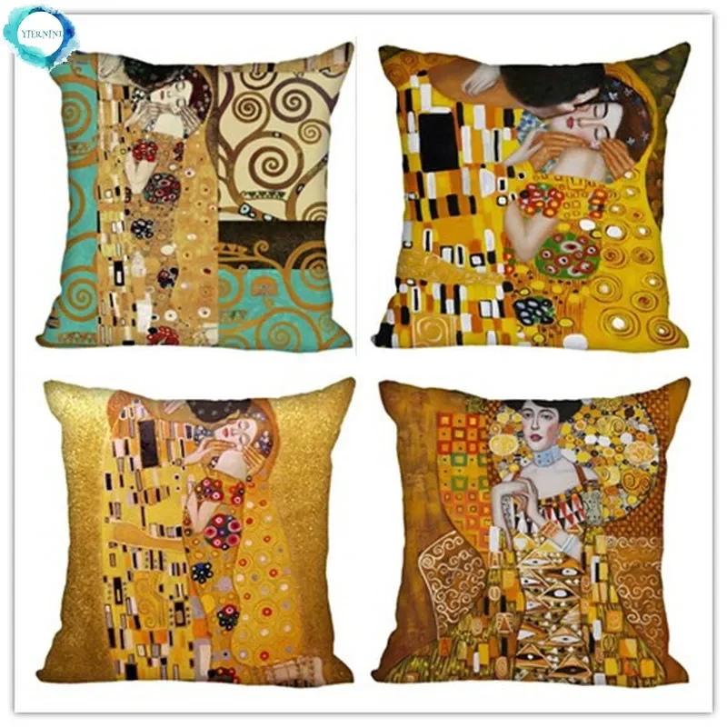 Gustav Klimt Oil Painting Printed Polyester Decorative Pillowcase Home Sofa Square Pillowcover Cushion Cover 45x45cm