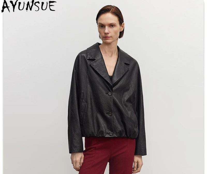 AYUNSUE 천연 양피 정품 가죽 자켓 여성 루즈 피트 블랙 여성 자켓 봄 가을 옷 Jaqueta De Couro