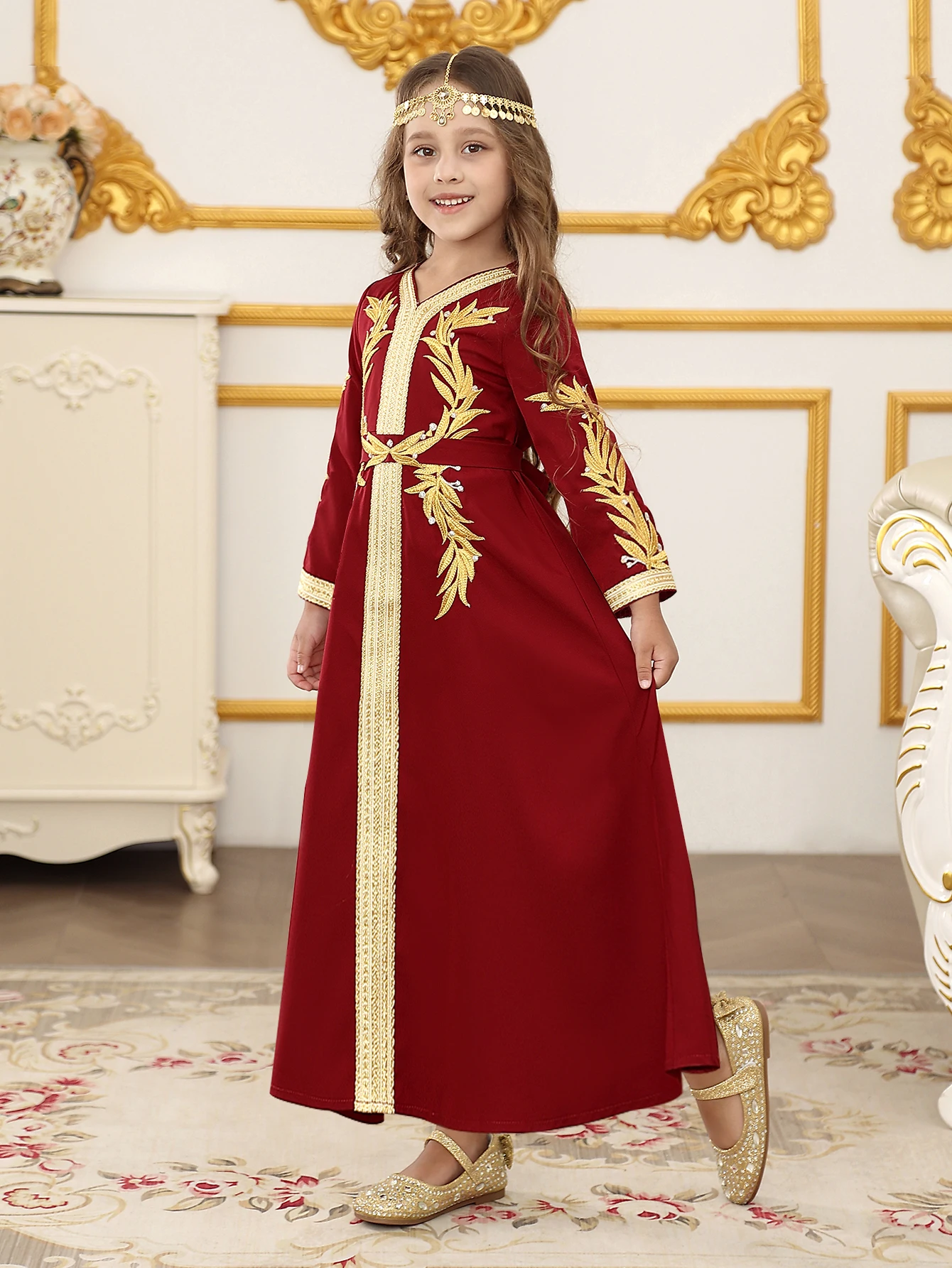 Middle East Dubai Girls Long Gowns Dresses Arabian Lace Long Sleeve Kids Dresses Ramadan Festival Dresses