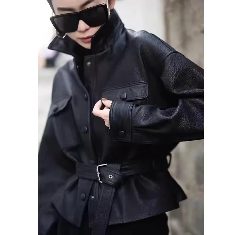 Giacca corta da donna in vera pelle di capra Primavera Autunno Colletto nero Capispalla elegante per donna