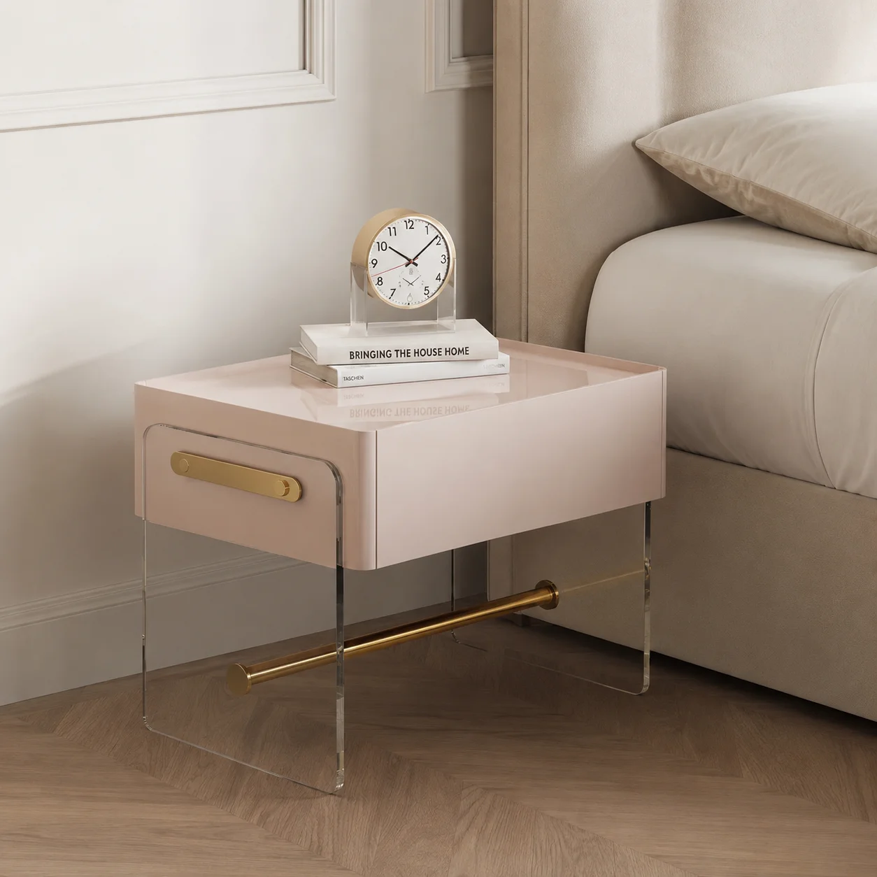 #Modern Ivory White E1 Board Stainless Steel Acrylic Frame Acrylic Detail Nightstand Bedside Table Storage Cabinet