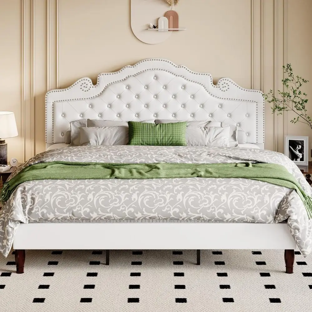 Velvet Tiara Headboard King Bed Frame, Diamond Button Upholstered Platform Bed, Wood Slat Support, Mattress Foundation, Easy Ass