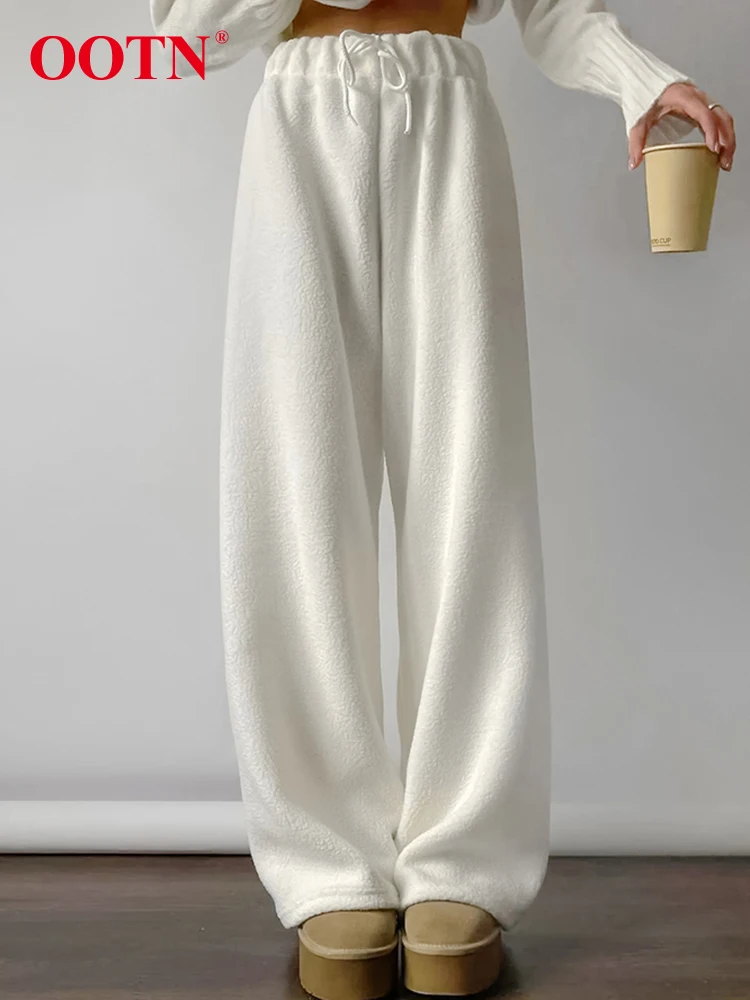 OOTN White Warm Polar Fleece Drawstring Pants Sport Street Style High Waist Knitwear Wide Legs Pants Autumn Winter 2024 Female