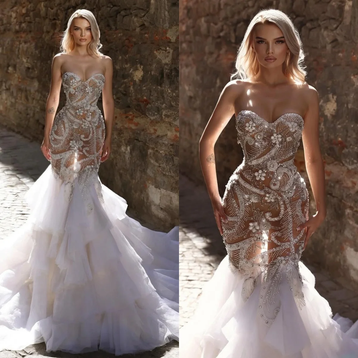 絶妙な恋人のようなマーメイドウェディングドレス エレガントなアップリケ スパンコール レース ブライダルドレス ラッフルトレイン カスタマイズされたウェディングドレス