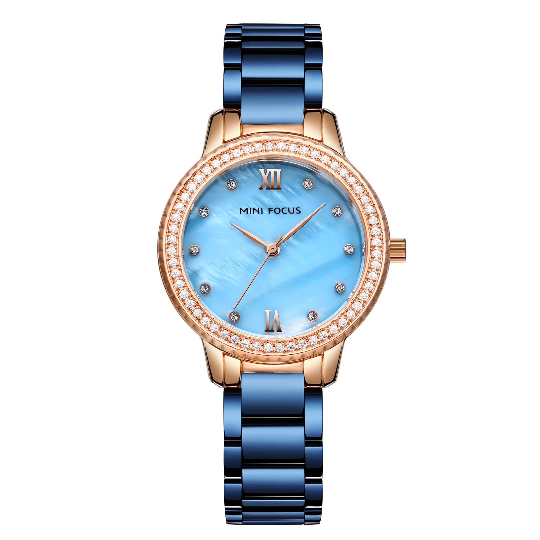 

Mini Focus MF0226L Women Stylish Watch Diamonds Case Blue Stainless Steel Band Waterproof Ladies Quartz Watches