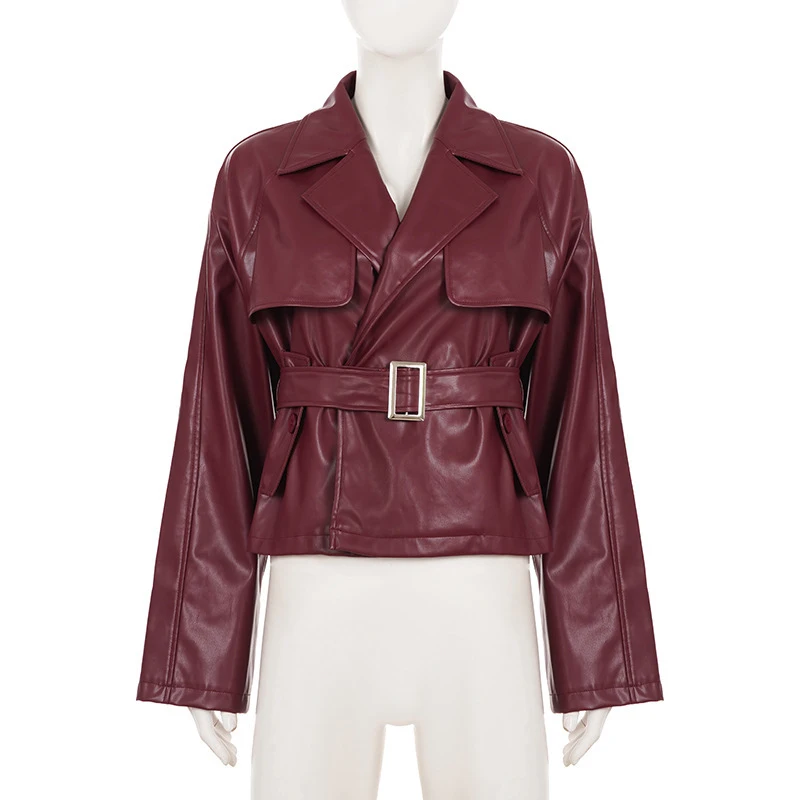 

OMSJ женская модная верхняя одежда из искусственной кожи в стиле ретро с однотонным воротником с лацканами и поясом, складная верхняя одежда, новинка 2025, осенне-осенняя уличная повседневная куртка