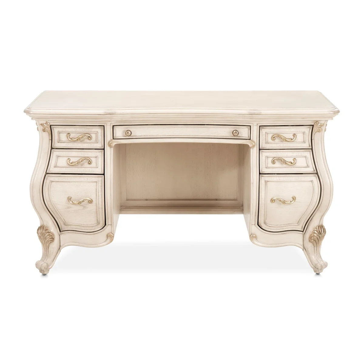 ^French Rococo Cream White Solid Wood Carved Desk Vintage Royal 7 Drawers Storage Vanity Table