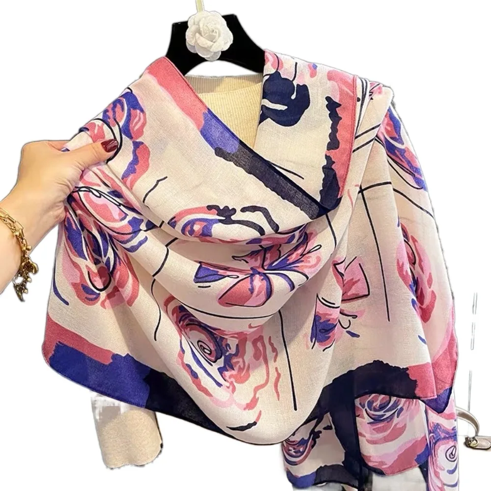 Koreanischen Stil Floral Schal Schals Elegante Baumwolle Leinen Luxus Seide Schal Sonnenschutz Blume Gedruckt Schal Wrap Vier Jahreszeiten