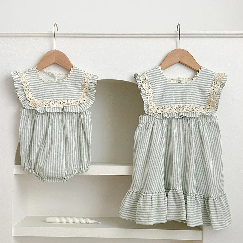 

2024 New Summer Sister Clothing Kids Princess Dresses Sleeveless Cotton Stripes Baby Girl Party Dress Infant Baby Romper