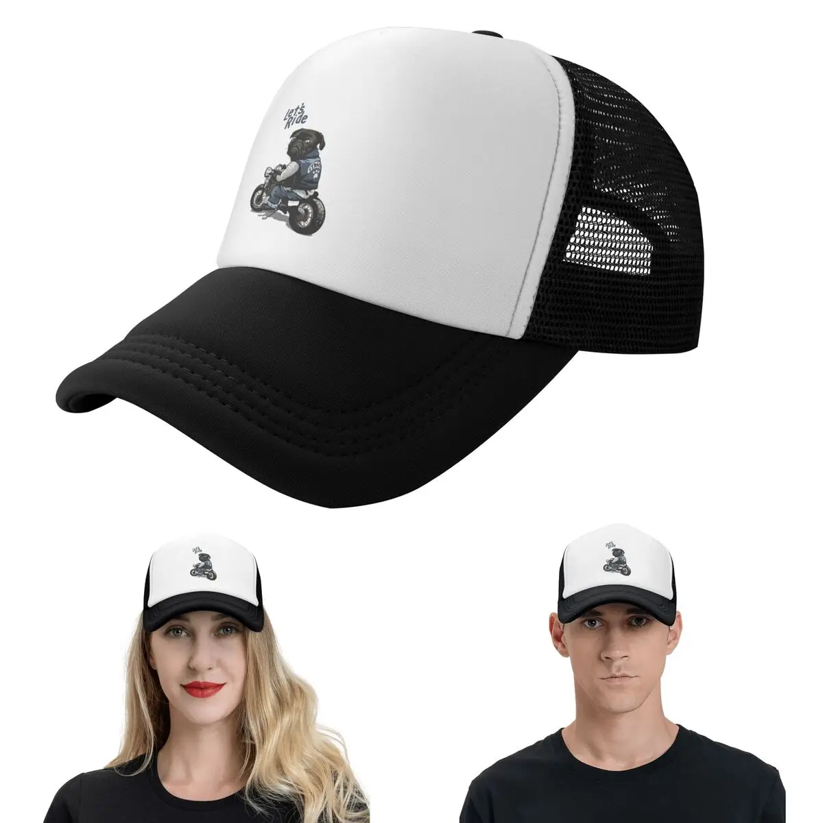Let's Ride Motorcycle Big Bike Black Pug Dog Cap Fashion Mesh Baseball Caps Adjustable Hat Hip Hop Summer