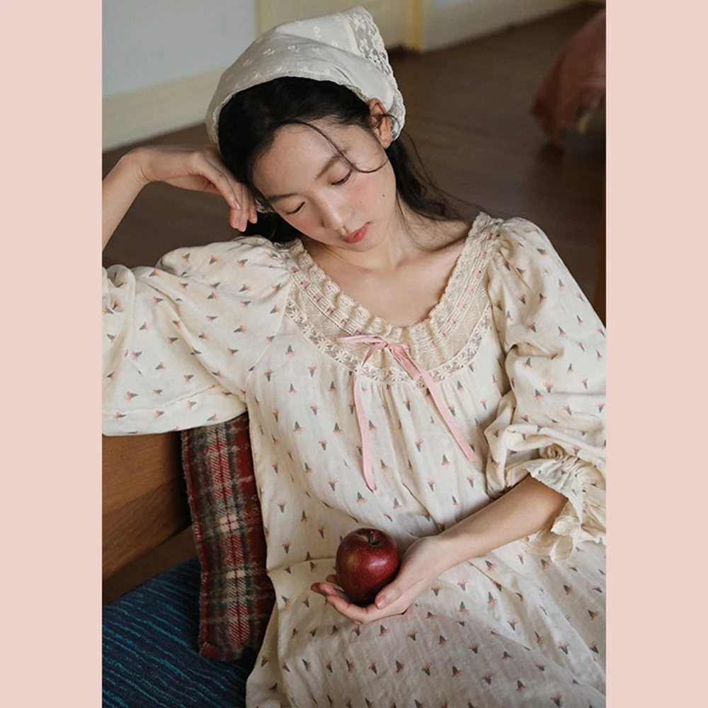 

Новая женская ночная сорочка-платье 2026 года, домашняя одежда, двухслойная, из 100% хлопковой пряжи, длинная, свободная, милая, в стиле ретро, с цветочным принтом, для сна