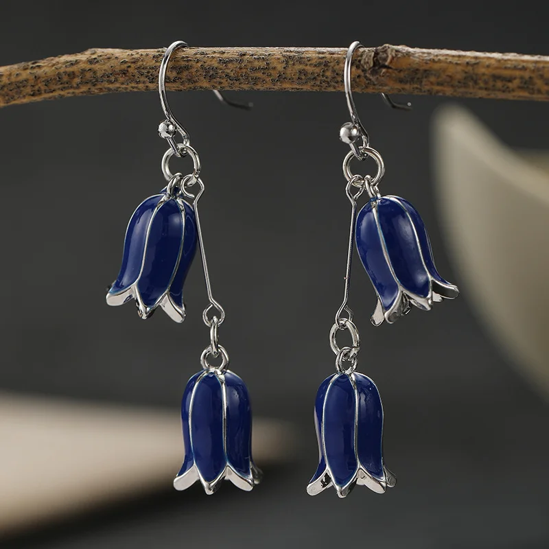 Elegant Klein Blue Wind Bell Flower Double Layer Women's Earrings Three-dimensional Bud Enamel Daily Forest Atmosphere Earrings