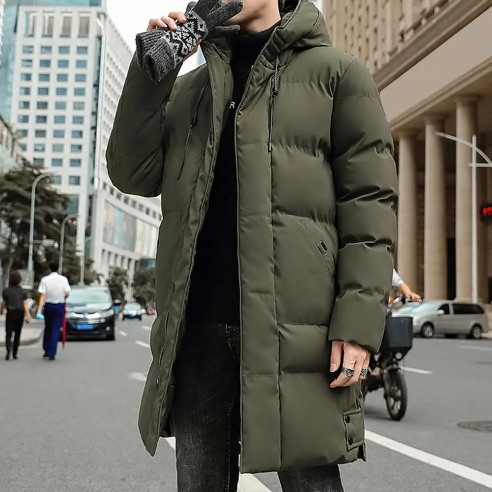 Hooded Zipper Placket Coat Men's Hooded Cotton Puffer Coat With Drawstring Long Sleeve Mid-length Down Jacket Solid Color