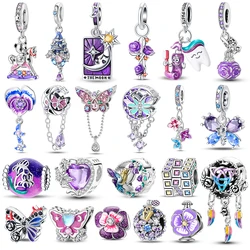 925 Sterling Silver Purple Series Crystal Castle Bear Trojan Pendant Dark Night Butterfly Beads charms Fit Bracelets DIY Jewelry