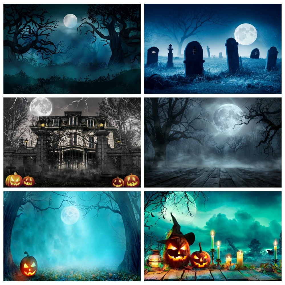 Creepy Nightmare Forest Halloween Backdrop Pumpkin Lantern Graveyard Full Night Moon Spooky Party Kid Family Party Background