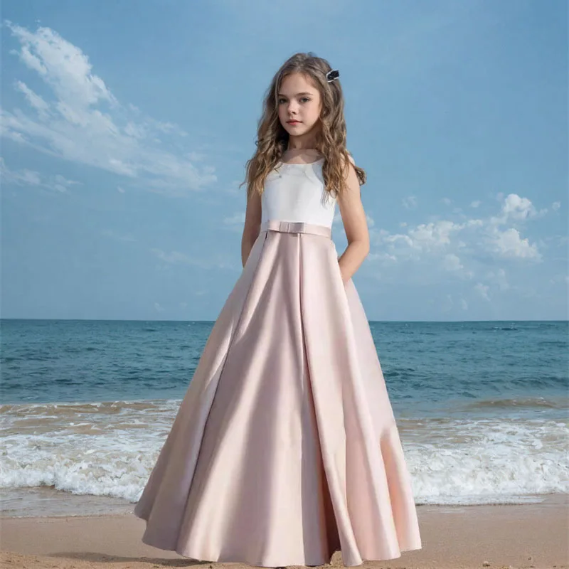 

Baby Kids Princess Satin Floor Length Flower Girl Dress Children First Communion Dress Ball Gown Wedding Party Dress Birthday