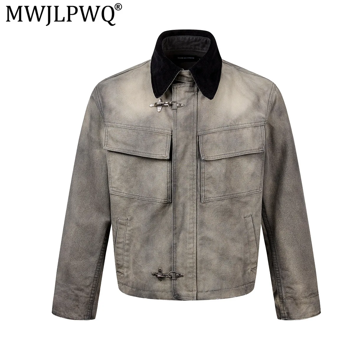 MWJLPWQ American-Style Lightweight Streetwear Boxy Denim Jacket Men's Washed Distressed Deconstructed Long Sleeve Tops 21300