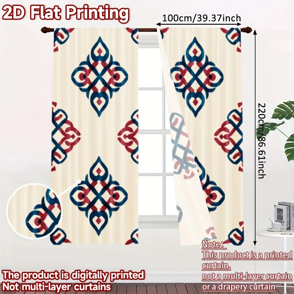 Boho Geometric Pattern Curtain, Red and Blue Diamond Design on Cream Background, Living Room Window Drapes
